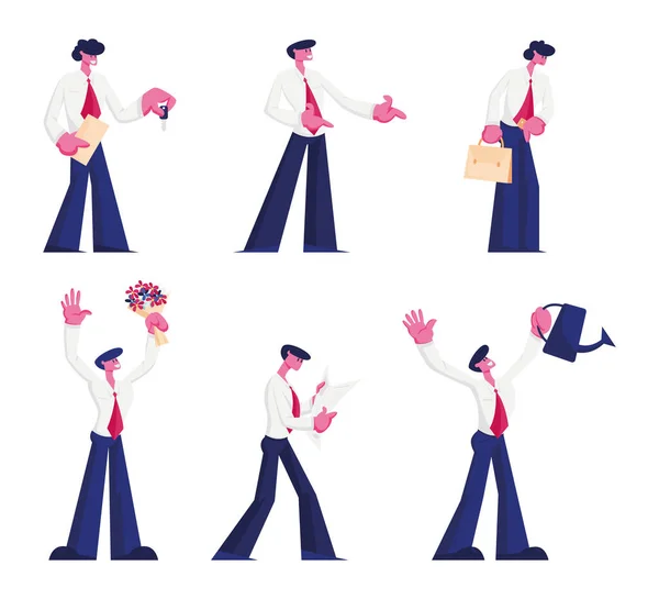 Manager, Office Employee or Businessman Occupation Set (en inglés). Joven con camisa blanca y corbata en diferentes situaciones sosteniendo llaves, flores, regadera aislada en blanco. Dibujos animados plana Vector Ilustración — Archivo Imágenes Vectoriales