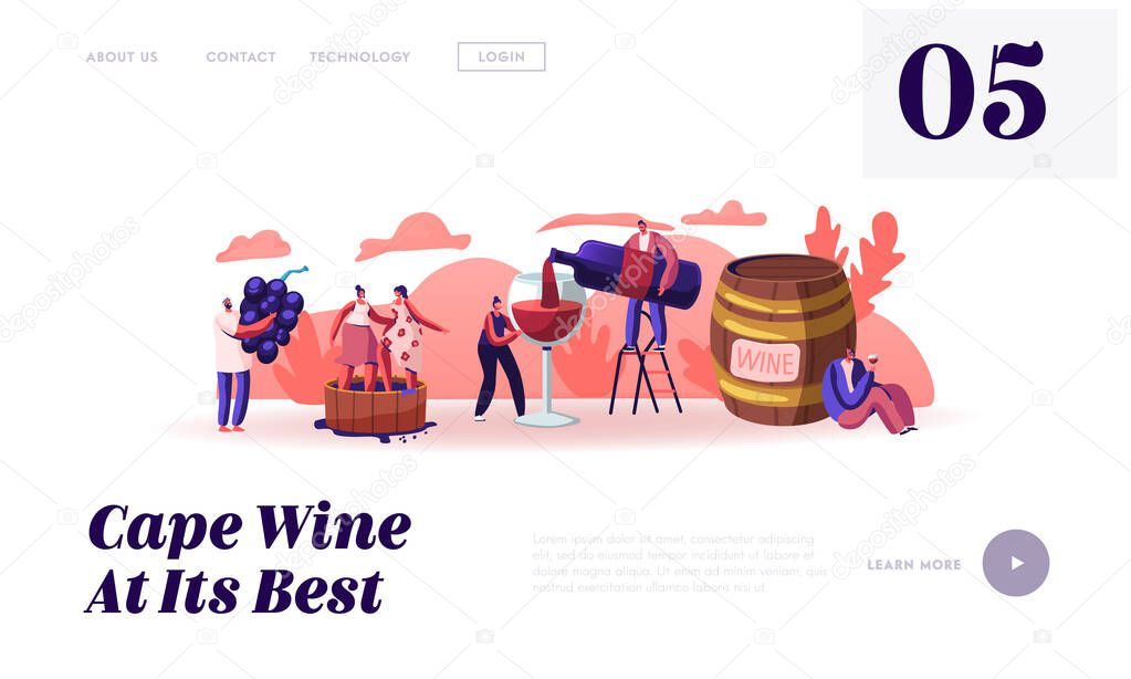 Wine Producing and Drinking Website Landing Page. Man with Bottle Pouring Alcohol Drink to Glass Characters Grow Grapes Produce Natural Vine Production Web Page Banner Cartoon Flat Vector Illustration