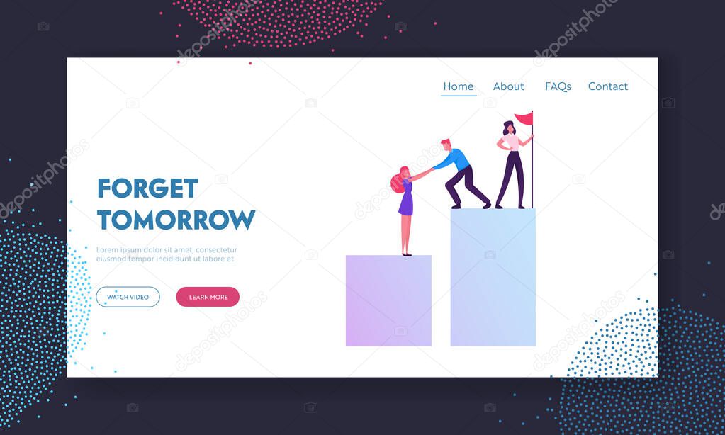 Team Work Challenge Partnership and Leadership Website Landing Page. Business People Climbing Up Financial Graph Set Up Flag on Top. Career Ladder Web Page Banner. Cartoon Flat Vector Illustration