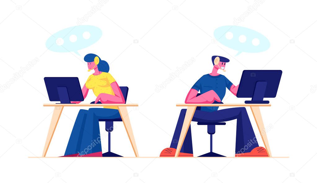 Technical Support, Call Center or Customer Service Staff in Headset Working on Computers. Operator and Client Communication, Specialists Solve Clients Problems Online, Cartoon Flat Vector Illustration