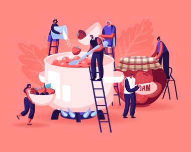 İnsanlar Reçel Pişirme Konsepti Küçük Erkek ve Kadın Karakterleri Taze Çilek, Böğürtlen ve Şekeri Gaz Fırınının Üzerinde Büyük Pan Duruşu ve Cam Kavanoza Tatlıyı Düz Şekil Resimlerine Koyuyor