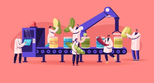 Proceso de trabajo de fábrica de conservas. Producción de Enlatados Vegetales. Los trabajadores ponen verduras frescas y verduras a las latas en la cinta transportadora. Agricultores Productos Industria manufacturera. Dibujos animados plana Vector Ilustración — Archivo Imágenes Vectoriales