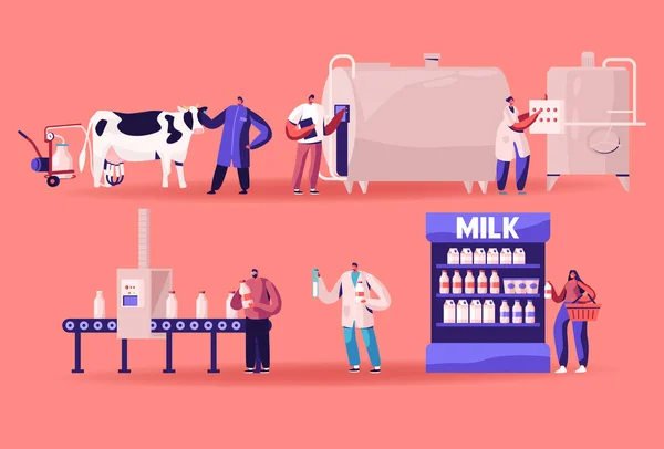 Produzione di latte, industria agricola, processo di fase sul trasportatore, impianto di macchine per alimenti lattiero-caseari. Test della qualità delle bevande nei prodotti in fiocco Gestione industriale, vendita. Illustrazione del vettore piatto del fumetto — Vettoriale Stock