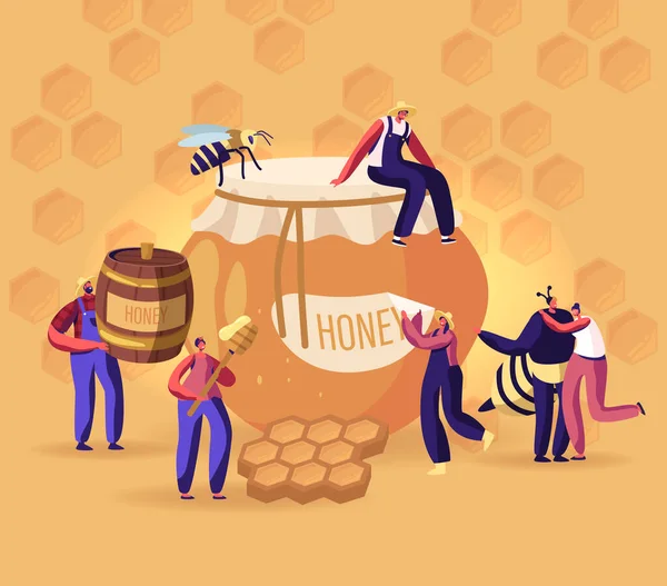 Människor Extrahera och äta honung koncept. Biodlare i skyddsdräkt på bikupan som tar Honeycomb och lägger i burk. Producera Naturliga Eco Produkt på Biodling Farm tecknad Platt vektor Illustration — Stock vektor