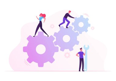 Ekip Çalışması Mekanizması. İş Adamları Başarılı Olmak İçin İş Yönetmenliği Yaptı Büyük Çarklı Makineyi Taşı Teknisyen Teknisyen Destek Tutma Kırpma Çizgi Filmi Düz Vektör İlülasyonu