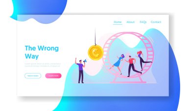 Rat Race Web Sitesi İniş Sayfası. Fare yarışı. Hamster Wheel 'de Koşan İş Adamları Halat Adam' a Megafon Yönetimi Süreci Web Sayfası Çizgi Roman Düz Vektör İllüstrasyonuyla Ulaşmaya Çalışıyor