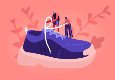 Spor Giyim ve Ayakkabı Eğitim Moda Konsepti. Minik Sporcu ve Sporcu Kadın Karakterleri Büyük Spor Ayakkabı Bağcığı. Spor Futbolu Çizgi Filmi Düz Vektör Resimleri Alınıyor ve Giyiliyor