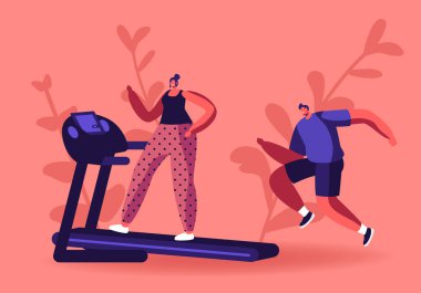 Aktif Spor Hayatı. Koşu bandında Koşan Kadın ve Adam. Spor Giyim ve Spor Ayakkabıları 'nda Sporcu Gençler Formda ve Zayıf Olmak İçin Egzersiz Yapıyor. Fitness ve Sağlıklı Yaşam Tarzı Çizgi Film Düz Vektör İllüstrasyonu