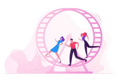 Hayat döngüsü ve günlük rutin çalışma kavramı. Büyük Hamster Wheel 'in içinde koşan stresli iş adamları. İşe yaramaz Efor, Fare Yarışı, Takım Çalışması İşbirliği. Çizgi film Düz Vektör İllüstrasyonu