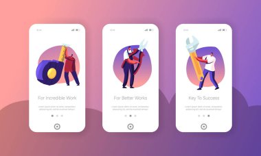 Tamir İşleri Mobil Uygulama Sayfası Ekranı Ayarlandı. Bozuk Teknik Konsepti Web sitesi veya Web Sayfası Çizgi Film Düz Vektör İllüstrasyonunu Düzeltmek İçin Büyük Pense Ölçekli ve Kıvrımlı Tiny Men Workers Tutuyor