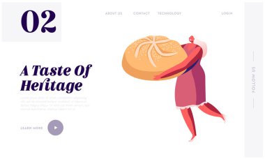 Pastane ve Tatlı Yemek Sitesi İniş Sayfası. Minik Kadın Büyük Çörek Pastası Tutuyor. Parti ya da Festival Kutlaması Web Sayfası Afişi için Kek Şekerlemesi Tatlısı. Çizgi film Düz Vektör İllüstrasyonu