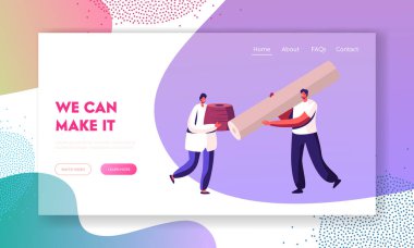 Tekstil Fabrikası İmalat Endüstrisi Web Sitesi İniş Sayfası. İşçiler Kumaş Web Sayfası Afişi Yaratmak için Makina Dairesine Büyük İplik Makarnası ve Bobbin Taşıdı. Çizgi film Düz Vektör İllüstrasyonu