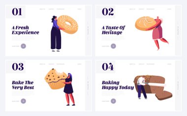People and Fresh Pastanesi İniş Sayfası Seti. Mutlu Erkek ve Kadın Karakterler Yemek ve Çay Partisi Festivali için Pasta Yapımı Bekliyor Web Sayfası Afişi. Çizgi film Düz Vektör İllüstrasyonu