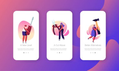 Aletleri olan kadın işçiler. Mobil Uygulama Sayfası Masaüstü Ekran Kızları Ev Onarımı ve Web Sayfası veya Web Sayfası için Yenileme Konsepti, Çizgi Film Düz Vektör İlülasyonu