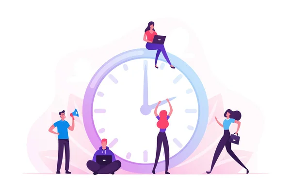 Business Process, Time Management Concept. Drukke zakenmannen en zakenvrouwen die rondlopen in Enorme Klok. Procrastination Deadline Working Productivity Infographics. Cartoon Flat Vector Illustratie — Stockvector