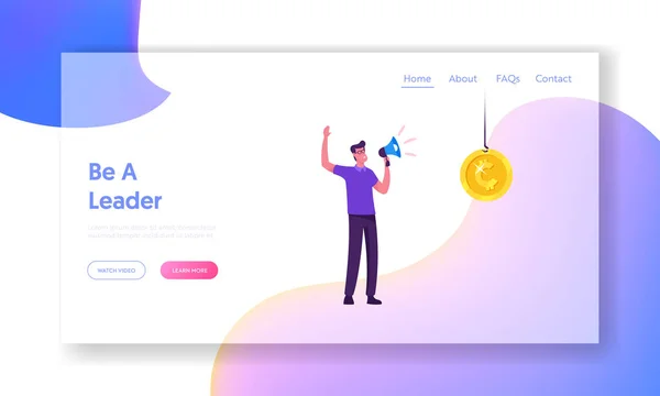 竞逐领导力网站登陆页面。 商界领袖对站在金钱树旁的威震喇叭大喊："激励工人。" Web Page Banner 。 卡通平面矢量图解 — 图库矢量图片