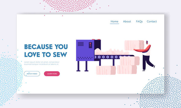 Carding Department in Sewing Plant Website Landing Page. Textile Factory Worker Put Raw Cotton Material on Conveyor Belt for Pressing and Making Bales Web Page Banner. Cartoon Flat Vector Illustration