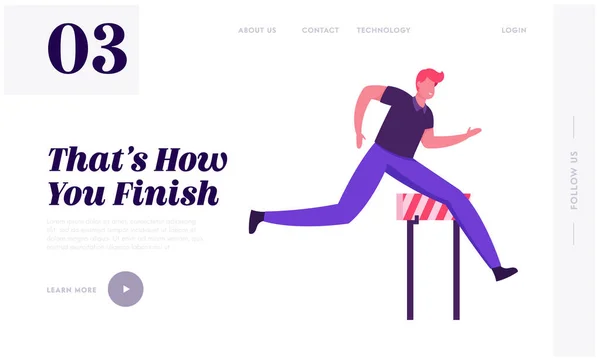 Empresário Liderança Competição Desafio Website Landing Page. Líder bem sucedido Personagem de homem de negócios Executar corrida Sprint com barreiras no estádio Web Page Banner. Desenhos animados ilustração vetorial plana — Vetor de Stock