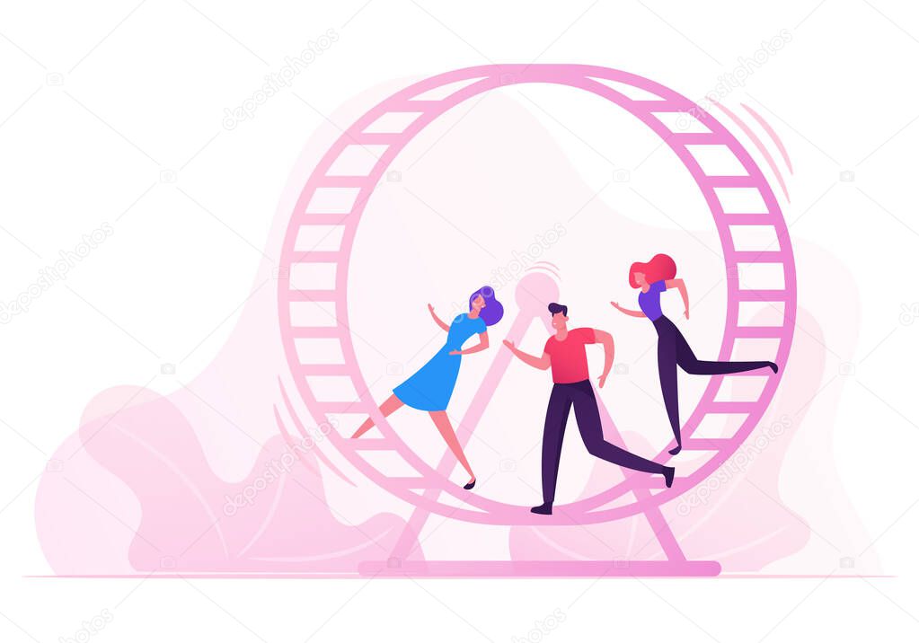 Looping Life and Daily Routine Work Concept. Tired Stressed Business People Running inside of Huge Hamster Wheel. Useless Effort, Rat Race, Team Work Cooperation. Cartoon Flat Vector Illustration