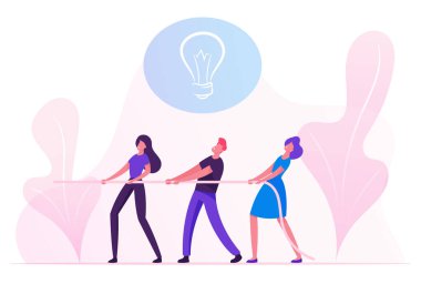 Bir grup iş adamı kafasının üstünde ampul simgesi olan halatı çekiyor. Ofiste veya Şirkette Yaratıcı Fikir Geliştirme Mücadelesi İş Ekibi, Savaş Çekici Flat Vektör İllüstrasyonu