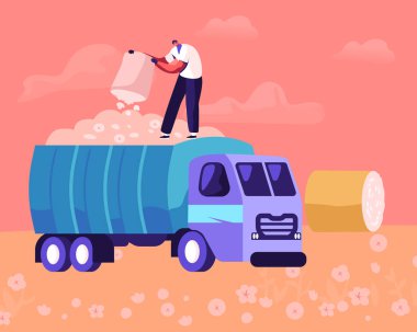 Olgun Pamuk Çiçekleri Tarlada Endüstriyel Makine Hasadı 'na dökülen Adam. Etrafta Hay Rolls varken Meadow 'daki fabrikaları toplayan işçi. Tekstil Üretim Çizgi Filmi Düz Vektör İllüstrasyonu