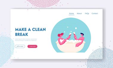 Küvette Köpük İçen Şarap Sitesi İniş Sayfası ile oturan Genç Aşıklar Çifti. Sauna ve Spa Suyu Prosedürü dersi alıyorum. Rahatlama Vücut Bakımı Terapisi Web Sayfası Çizgi Film Düz Vektör İllüstrasyonu