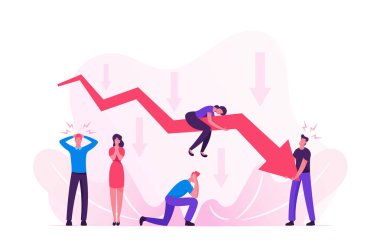Kırmızı Ok Çizelgesi 'nin etrafındaki üzgün iş adamları. Düşen Grafik 'te iş. Finansal Başarısızlık Risk Sorunu. Yönetim Başarısız Başarı Kârı, Ekonomik Durgunluk. Çizgi film Düz Vektör İllüstrasyonu
