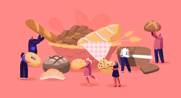 People Eating and Cooking Bakery Concept (en inglés). Pequeños personajes masculinos y femeninos que presentan pan casero y amplia variedad de productos horneados frescos y pastelería para la compra. Dibujos animados plana Vector Ilustración — Vector de stock