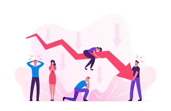 Sad Business People around Decline Red Arrow Chart. Business on Falling Down Graph. Financial Fail Risk Problem. Management Failed Achieve Profit, Economic Recession. Cartoon Flat Vector Illustration — Stock Vector