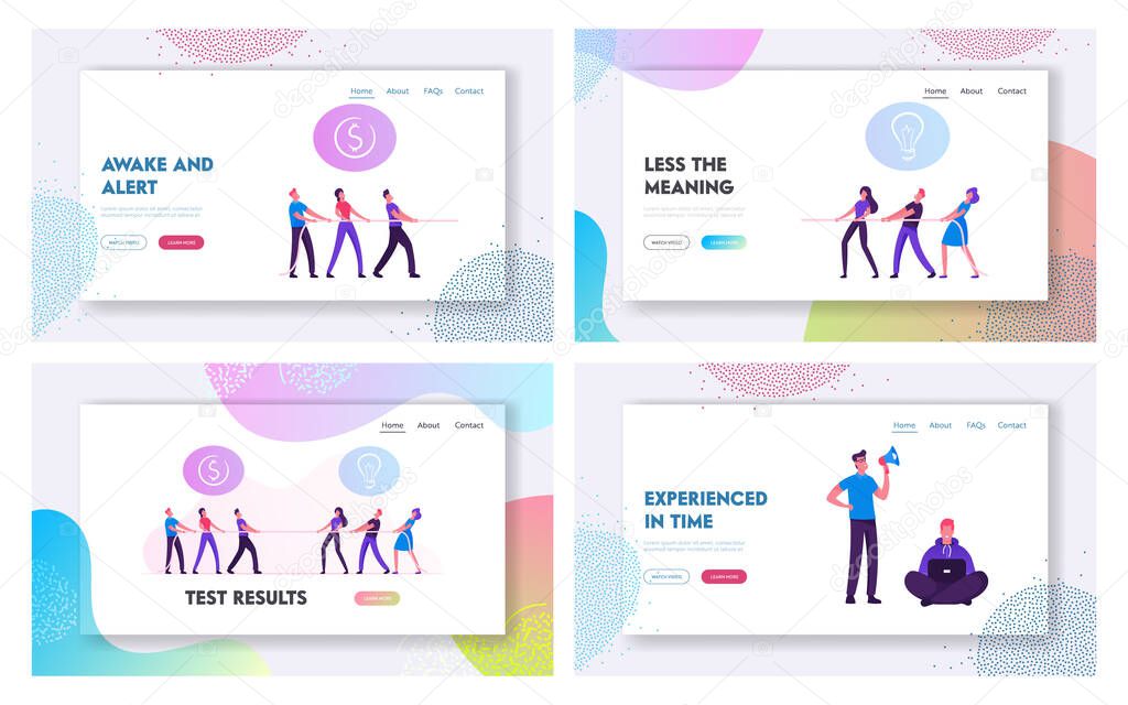 Opposite Groups Arguing, Business Competition Website Landing Page Set. People Pulling Rope Fighting in Office or Company, Corporate Rivalry Battle Web Page Banner. Cartoon Flat Vector Illustration