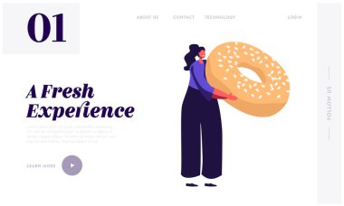Pasta ve Fırın Ürünleri Sitesi İniş Sayfası. Tatlı Yemek Yiyen Minik Kadın. Female Character Hold Big Donut with Sprinkles Web Sayfası Afişi. Çizgi film Düz Vektör İllüstrasyonu