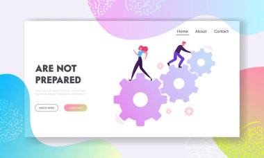Ekip, Gears Mekanizma Sitesi İniş Sayfası 'nda çalışıyor. İş Adamları Büyük Çarklı Çarkları Taşımak İçin İş Yönetmenliğine Başardı Web Sayfası Afişi. Çizgi film Düz Vektör İllüstrasyonu