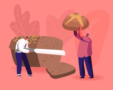 Pastaneyi Yiyen Mutlu İnsanlar. Minik Adam Büyük Kahverengi Tommy 'yi Bıçakla Dilimliyor, Erkek Karakter Tutucu Tatlı Çörek