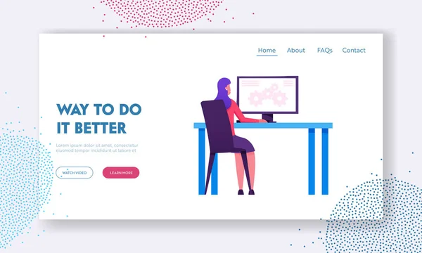 Desenvolvimento de Estratégia de Negócios Website Landing Page. Empresária sentada na mesa Trabalhando no computador — Vetor de Stock