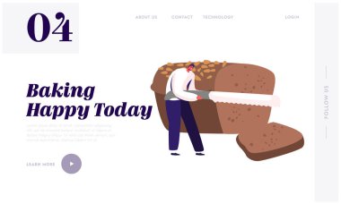 İnsanlar Fırın Yiyen ya da Satın Alan Web Sitesi İniş Sayfası. Minik Adam Büyük Kahverengi Tommy 'yi Bıçakla Dilimliyor, Fırınlanmış Üretim