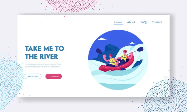 Kayak ya da Rafting Spor Yarışması Web sitesi İniş Sayfası. Rocky Shore 'da kayak yapan sporcular. Su Eğlencesi