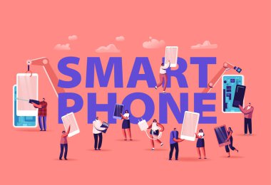 İnsanlar Akıllı Telefonları Toplayıp Kullanıyor Konsepti. Cep telefonu tutan kadın ve erkeklerden oluşan kalabalık mesajlaşıyor.