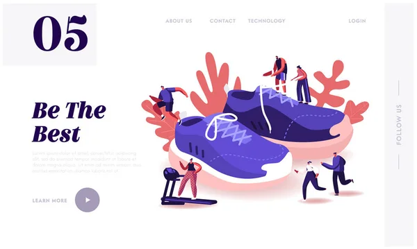 Mensen dragen Sneakers Website Landing Page. Sportmannen en Sportvrouwen Training in Gym en Buiten in Sportschoenen — Stockvector