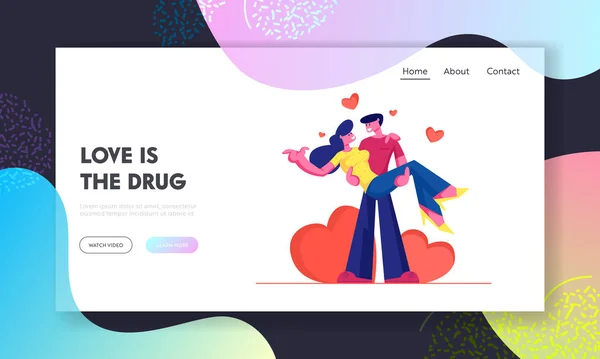 Loving Couple Romantic Relations Website Landing Page. Homme tenant femme sur les mains avec des cœurs rouges autour — Image vectorielle