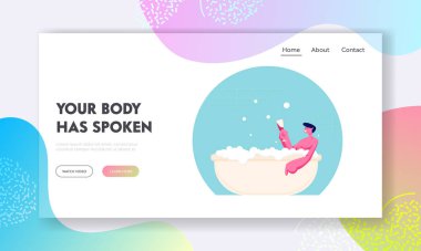 Sabun köpüğü web sitesi İniş Sayfası ile Banyo Yapan Adam. Çıplak Mutlu Erkek Karakter Küvette Şampanyayla Banyo Yapıyor