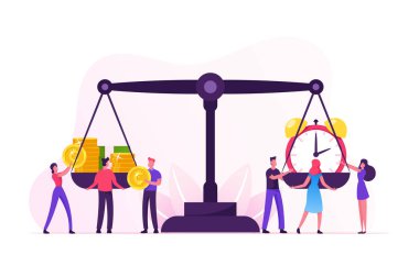 Zaman Para Konseptidir. Tiny Business People Karakterleri Büyük Ölçeklere Alarm Saati ve Para Yığını