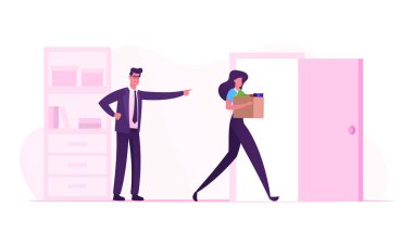 Stresli Çalışan Stajyer Cinsiyet Ayrımcılığından ya da Öfkeli Erkek Patronun Ofisteki Beceriksizlikten Kınayan Kadın İşçi 'yi Haksız Eleştirmesinden Acı Çekiyor. Çizgi film Düz Vektör İllüstrasyonu