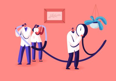 Arteriyel Kan Basıncının Ölçülmesi, Kardiyoloji Hastalıkları Konsepti. Sistolik ve Diyastolik basıncı kontrol etmek için Minik Doktorlar Büyük Tıbbi Aygıt Tonometresi tutuyor. Çizgi film Düz Vektör İllüstrasyonu