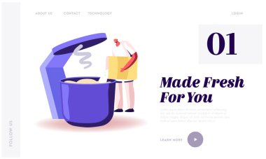 Pastacılık Sanayi Tesisi Web Sitesi İniş Sayfası. İşçi Büyük Karıştırıcı 'da Taze Ekmek Dökümü Hazırlıyor. Fırın Fabrikası, Gıda Üretim Üretim Süreci Web Sayfası Afişi. Çizgi film Düz Vektör İllüstrasyonu