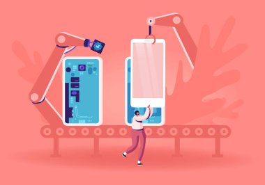 Büyük Robot Kolları Akıllı Telefon ya da Tablet Taşıyıcıda Mikrodevreler ve Çipler yerleştirin. Kemer ve Tech Endüstri Üretim Fabrikasındaki Müşteri Al Cep Telefonu. Çizgi film Düz Vektör İllüstrasyonu