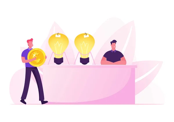 手握巨大黄金硬币的商人与发明家坐在明亮灯泡旁销售商业理念。 创意与创新概念漫画平面矢量图解 — 图库矢量图片