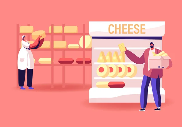 工业挤奶食品生产和销售. 女工把奶酪头放在车架上，男客户选择并在超级市场货架上进行乳制品生产。 卡通平面矢量图解 — 图库矢量图片