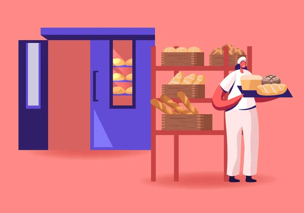 Mulher Baker em estéril uniforme e chapéu segurando bandeja com vários frescos pão cozido no forno Loafs apenas retirado do forno. Pastry and Baked Food Production and Manufacture Desenhos animados ilustração vetorial plana — Vetor de Stock