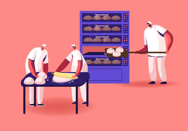 Pékség Gyár és Élelmiszer Termelés koncepció. Sütőipari karakterek Térdelő tészta és tegye nyers kenyér Loafs sütőbe sütésre. A Modern Cukrászati Gyártás dolgozói. Rajzfilm lapos vektor illusztráció — Stock Vector
