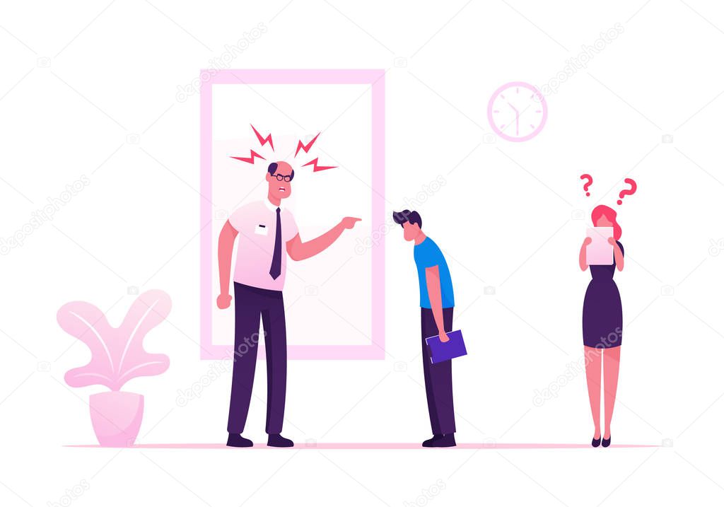 Angry Furious Boss Scolding and Rebuking Incompetent Employees in Office. Dissatisfied Ceo Shouting on Businessman and Businesswoman at Workplace. Stress Situation Cartoon Flat Vector Illustration